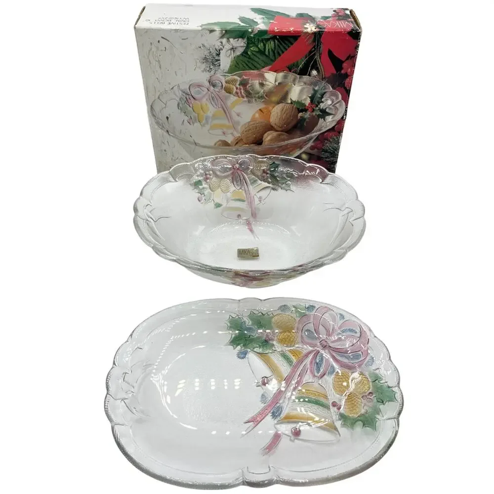 VTG NEW MIKASA Festive Bells MCM Oval Glass Bowl & Platter Holiday Serving Set